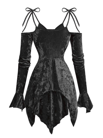 1960er Samt Fledermausärmel Irregulär Saum Kleid