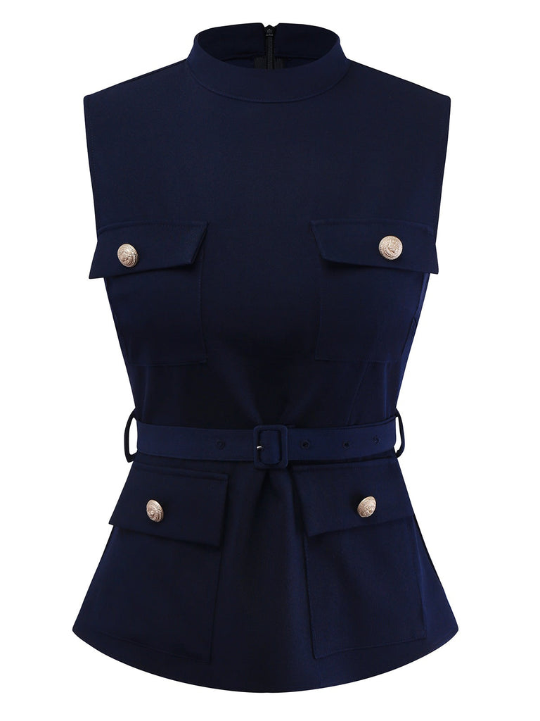 [Vorverkauf] 2PCS Blau 1950er Mehrere-Taschen Top & Plissiertes Rock