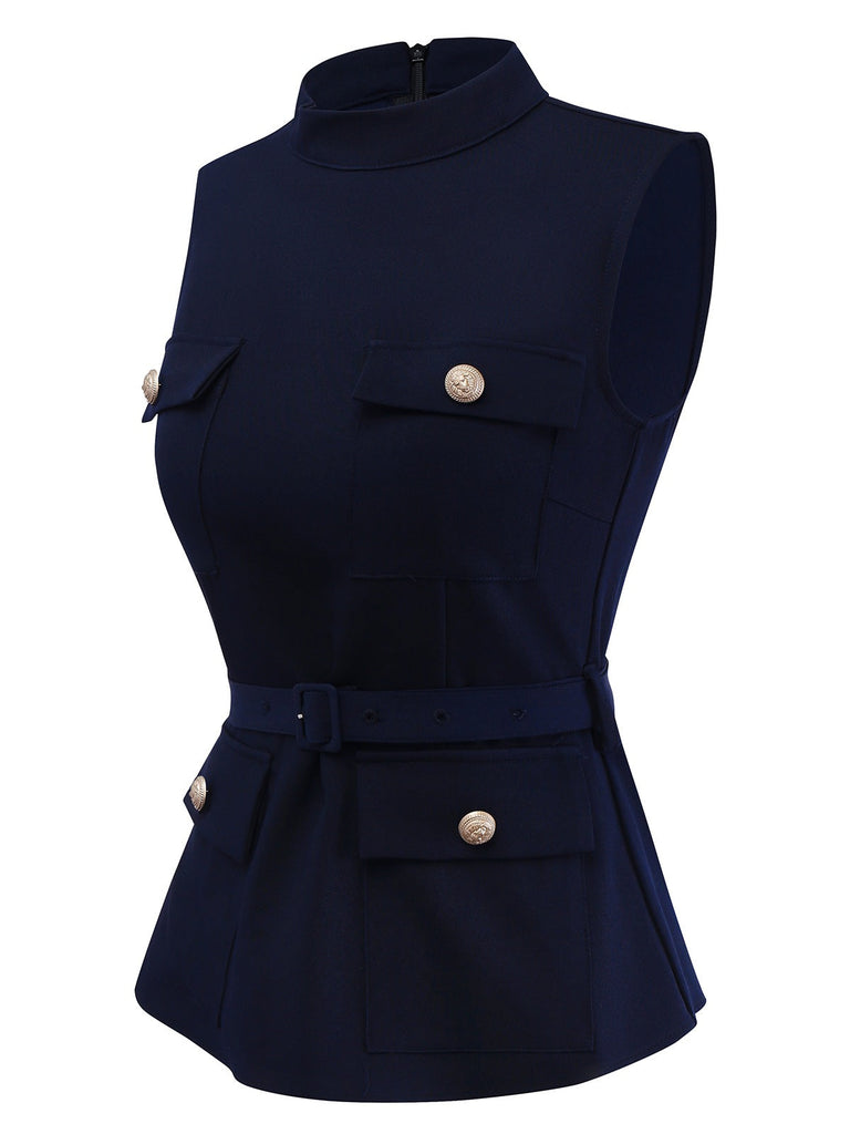 [Vorverkauf] 2PCS Blau 1950er Mehrere-Taschen Top & Plissiertes Rock