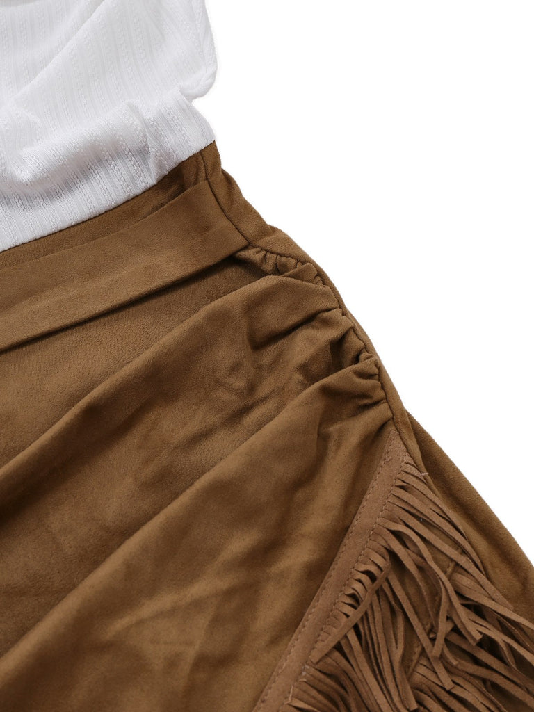 [Vorverkauf] Khaki 1970er Hoch-Tief Schlitz Fringe Kleid