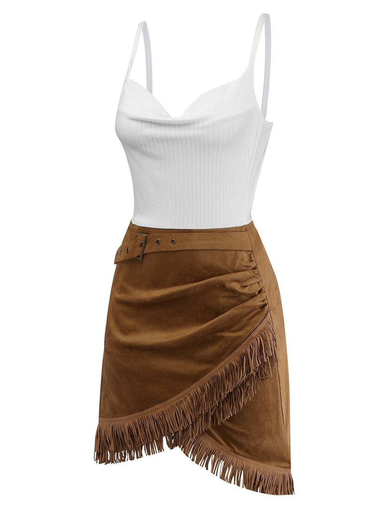 [Vorverkauf] Khaki 1970er Hoch-Tief Schlitz Fringe Kleid