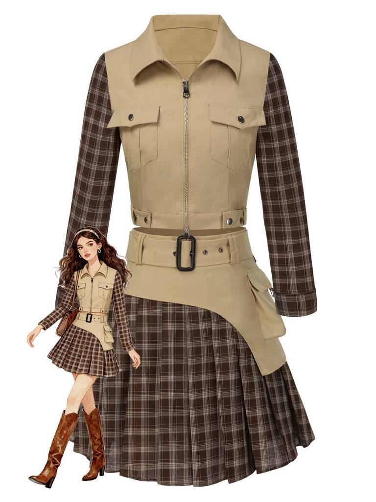 [Vorverkauf] 2PCS Khaki 1960er Plaid Patchwork Jacke & Plissiertes Rock