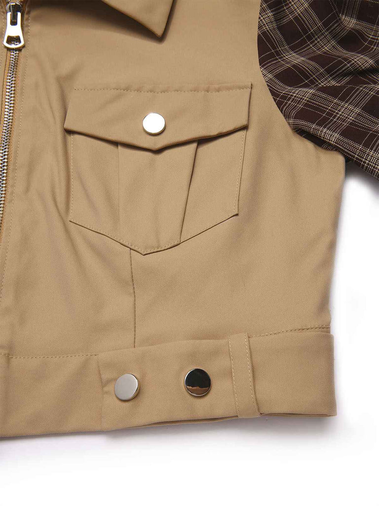 [Vorverkauf] Khaki 1960er Revers Tartan Plaids Reißverschluss Jacke