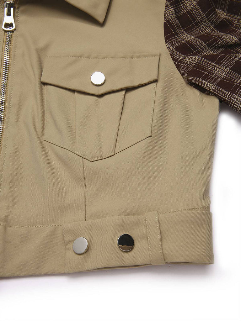 [Vorverkauf] 2PCS Khaki 1960er Plaid Patchwork Jacke & Plissiertes Rock