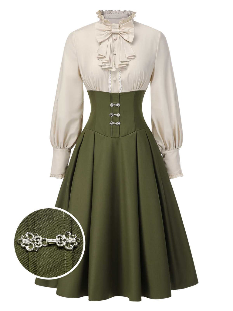 [Vorverkauf] 1950er Viktorianisch Bogen Tie Rüschen Langarm Kleid