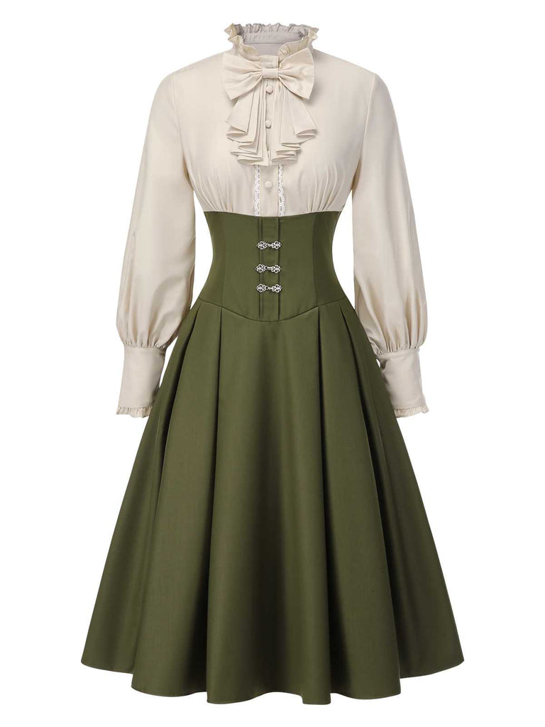 [Vorverkauf] 1950er Viktorianisch Bogen Tie Rüschen Langarm Kleid
