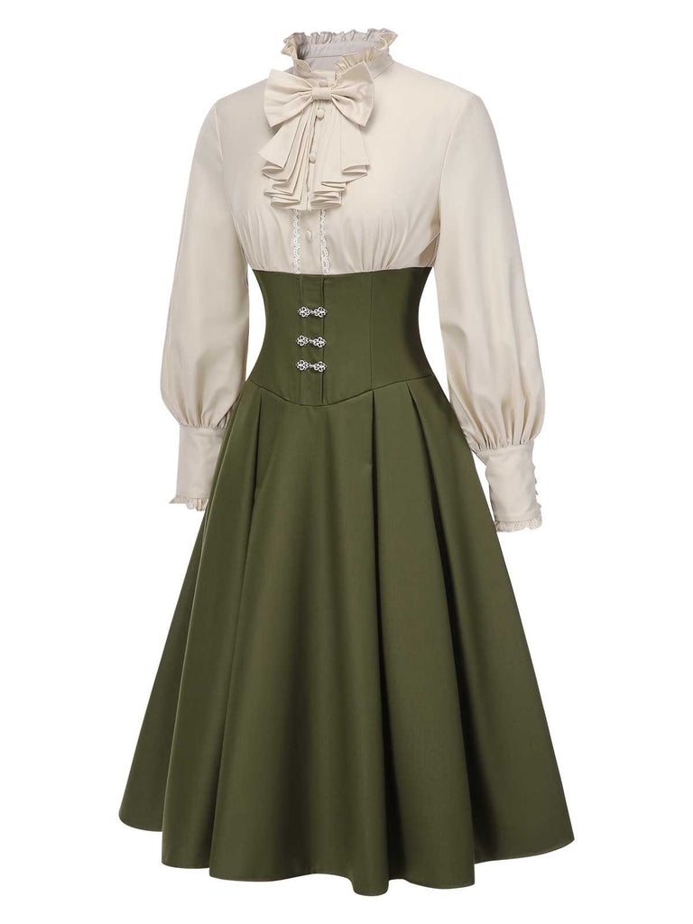 [Vorverkauf] 1950er Viktorianisch Bogen Tie Rüschen Langarm Kleid