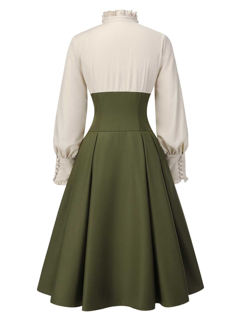 [Vorverkauf] 1950er Viktorianisch Bogen Tie Rüschen Langarm Kleid