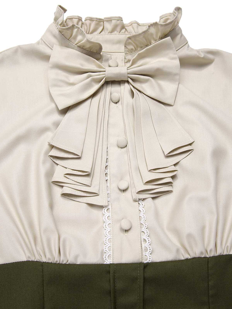 [Vorverkauf] 1950er Viktorianisch Bogen Tie Rüschen Langarm Kleid