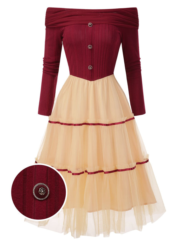 [Vorverkauf] Rot 1950er Schulterfrei Bürstenvoller Strick Tulle Cake Kleid