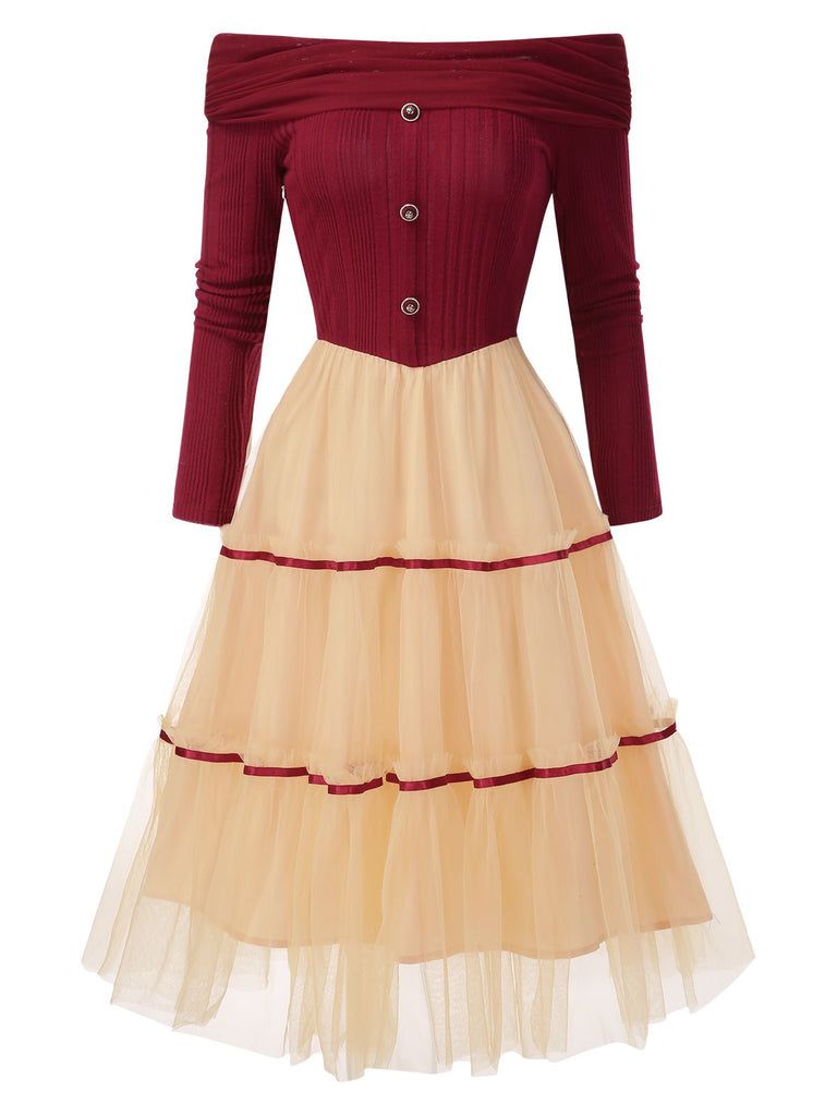 [Vorverkauf] Rot 1950er Schulterfrei Bürstenvoller Strick Tulle Cake Kleid