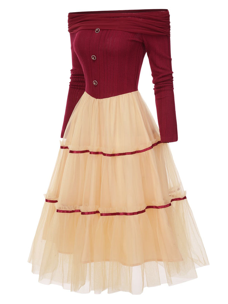 [Vorverkauf] Rot 1950er Schulterfrei Bürstenvoller Strick Tulle Cake Kleid