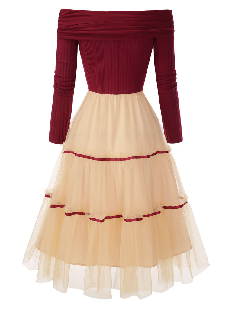 [Vorverkauf] Rot 1950er Schulterfrei Bürstenvoller Strick Tulle Cake Kleid