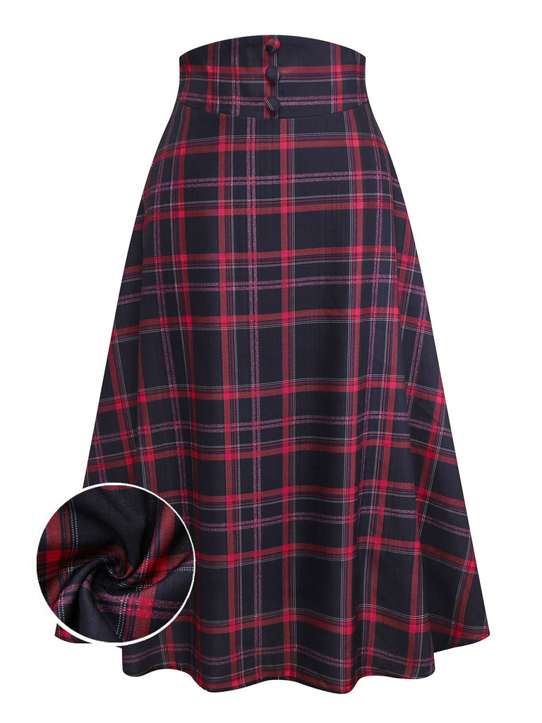 [Vorverkauf] Schwarz 1940er Hohe Taille Plaid Midi Rock
