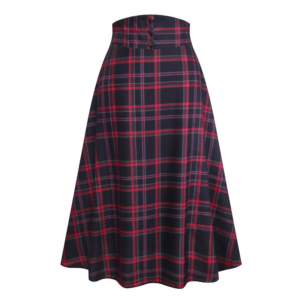 [Vorverkauf] Schwarz 1940er Hohe Taille Plaid Midi Rock