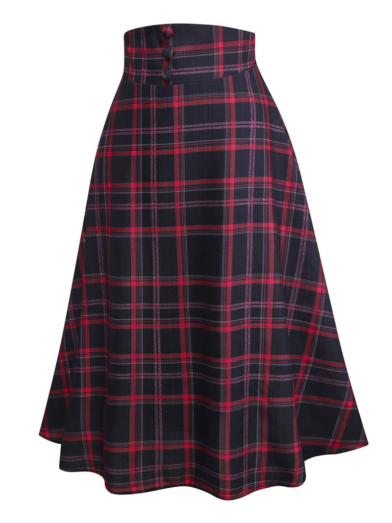 [Vorverkauf] Schwarz 1940er Hohe Taille Plaid Midi Rock