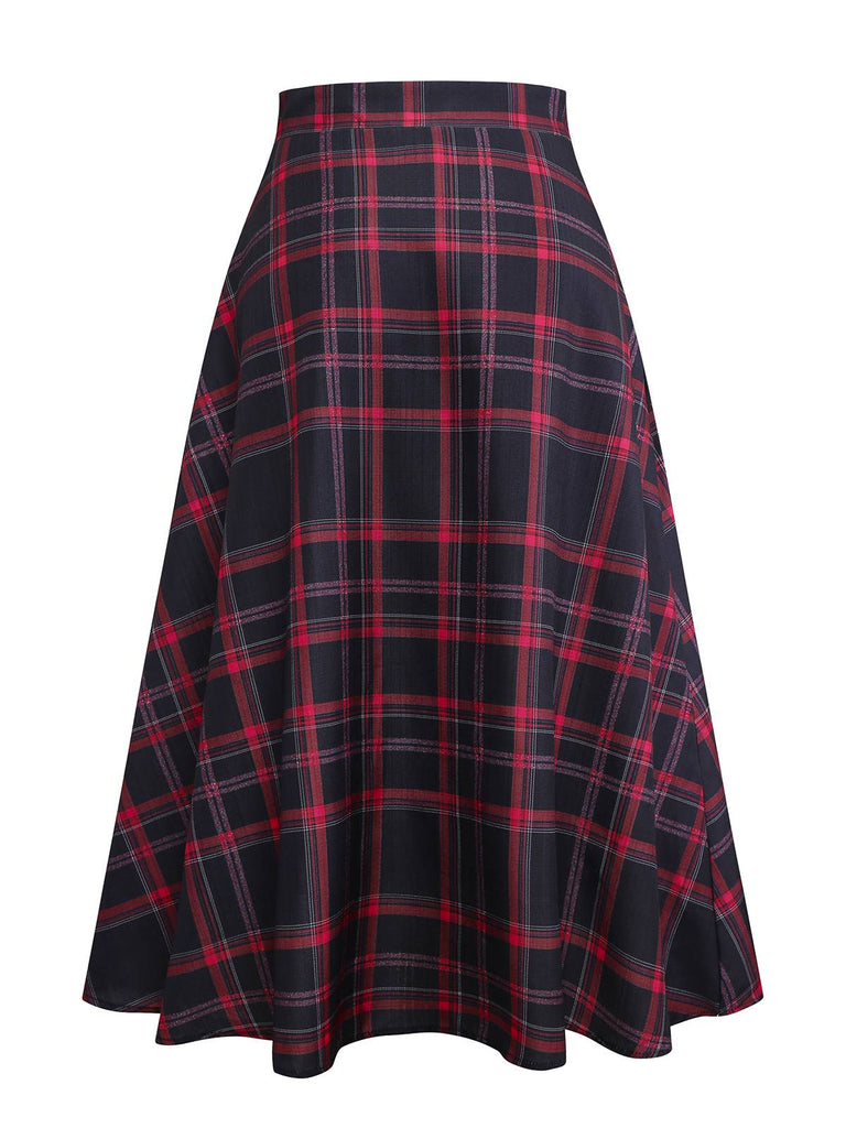 [Vorverkauf] Schwarz 1940er Hohe Taille Plaid Midi Rock