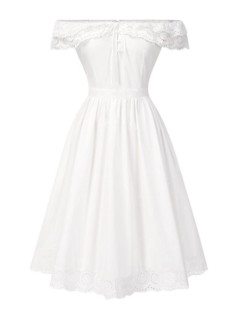 [Vorverkauf] Weiß 1950er Schulterfrei Cut-Out Blumen Kleid