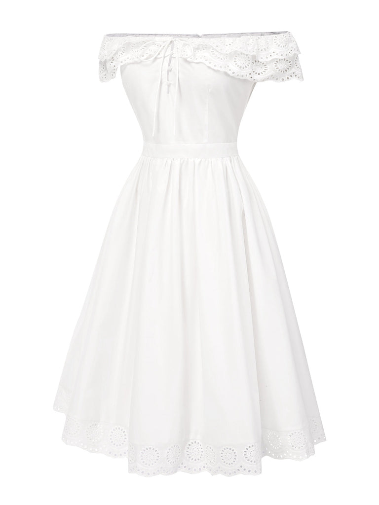 [Vorverkauf] Weiß 1950er Schulterfrei Cut-Out Blumen Kleid