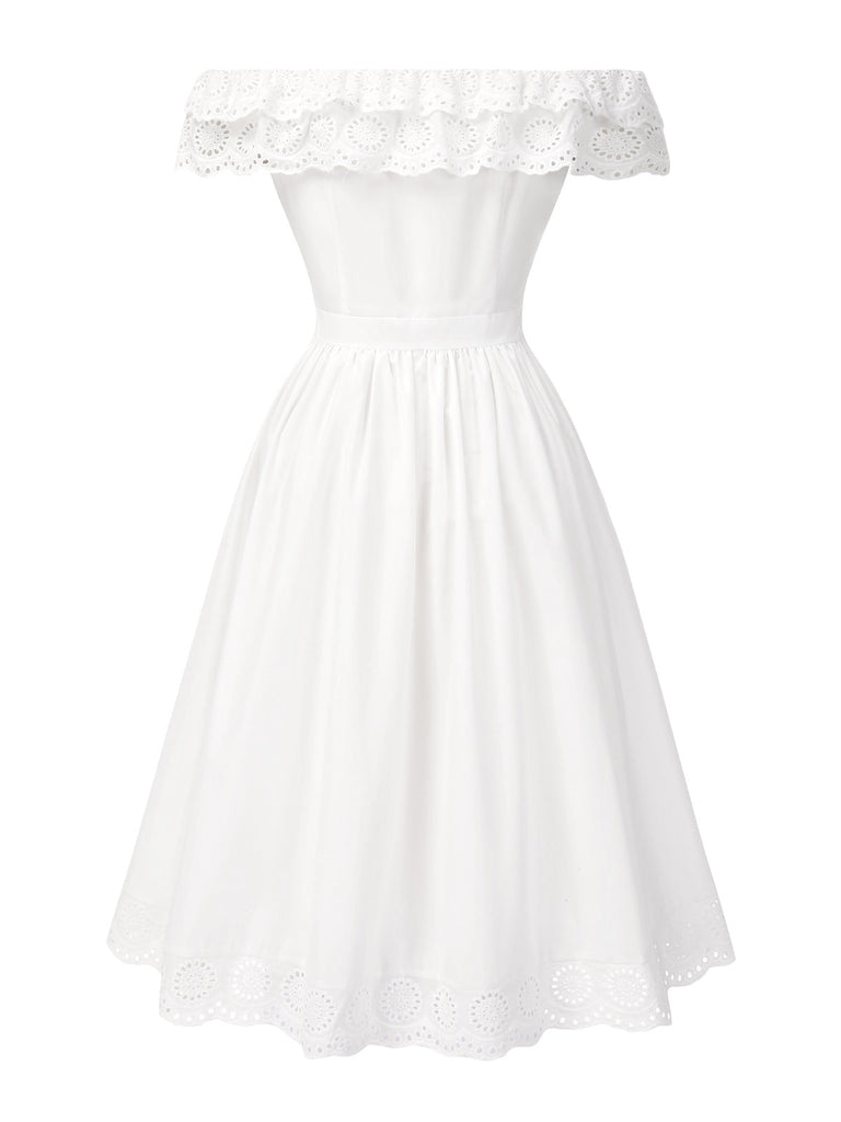 [Vorverkauf] Weiß 1950er Schulterfrei Cut-Out Blumen Kleid