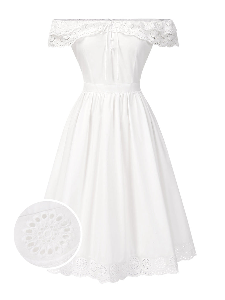 [Vorverkauf] Weiß 1950er Schulterfrei Cut-Out Blumen Kleid