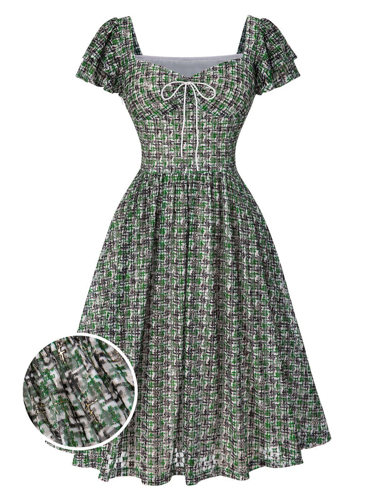 [Vorverkauf] Grün 1950er Doppelt Rüschenärmel Bogen Plaid Netz Kleid