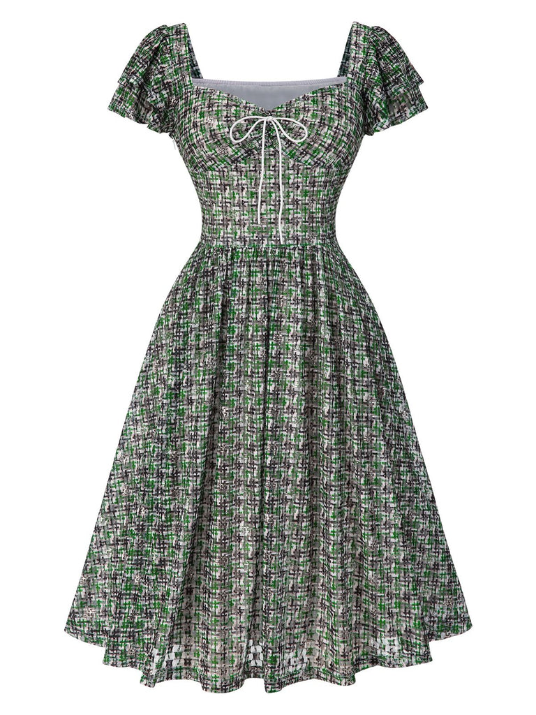 [Vorverkauf] Grün 1950er Doppelt Rüschenärmel Bogen Plaid Netz Kleid