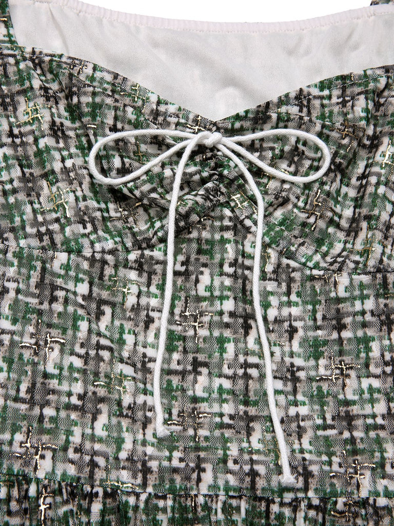 [Vorverkauf] Grün 1950er Doppelt Rüschenärmel Bogen Plaid Netz Kleid