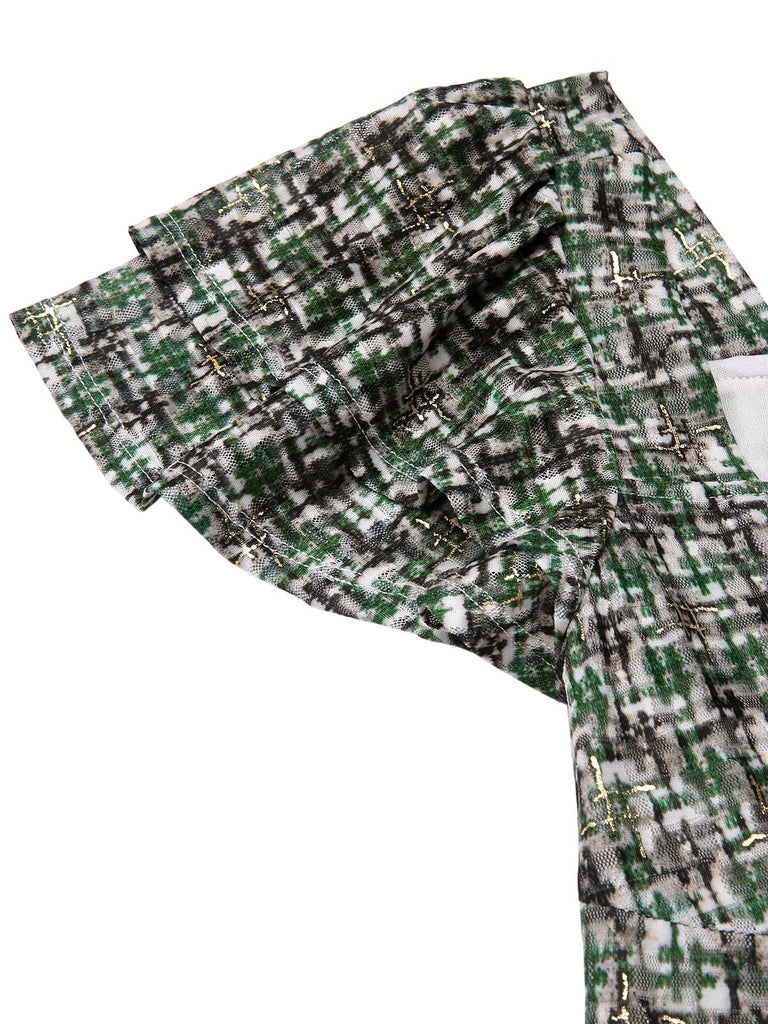 [Vorverkauf] Grün 1950er Doppelt Rüschenärmel Bogen Plaid Netz Kleid