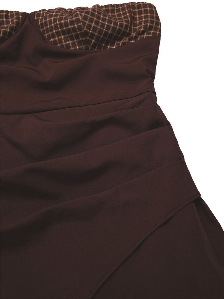 [Vorverkauf] Braun 1970er Baumwolle Trägerlos Plaid Rüschen Kleid