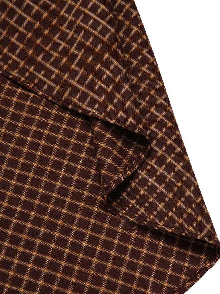 [Vorverkauf] Braun 1970er Baumwolle Trägerlos Plaid Rüschen Kleid