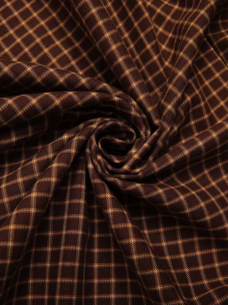 [Vorverkauf] Braun 1970er Baumwolle Trägerlos Plaid Rüschen Kleid