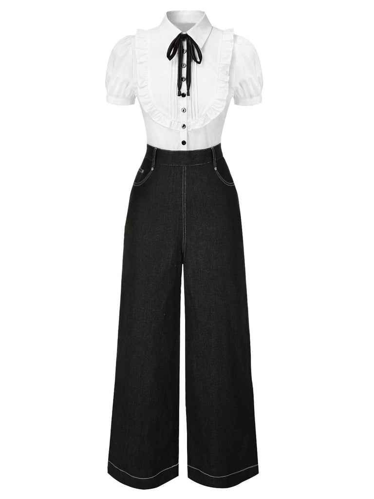 [Vorverkauf] Schwarz 1930er Hemdkragen Kellerfalte Denim Jumpsuit