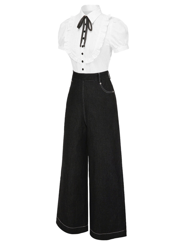 [Vorverkauf] Schwarz 1930er Hemdkragen Kellerfalte Denim Jumpsuit