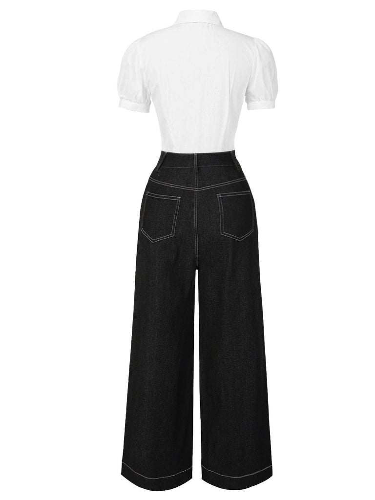 [Vorverkauf] Schwarz 1930er Hemdkragen Kellerfalte Denim Jumpsuit