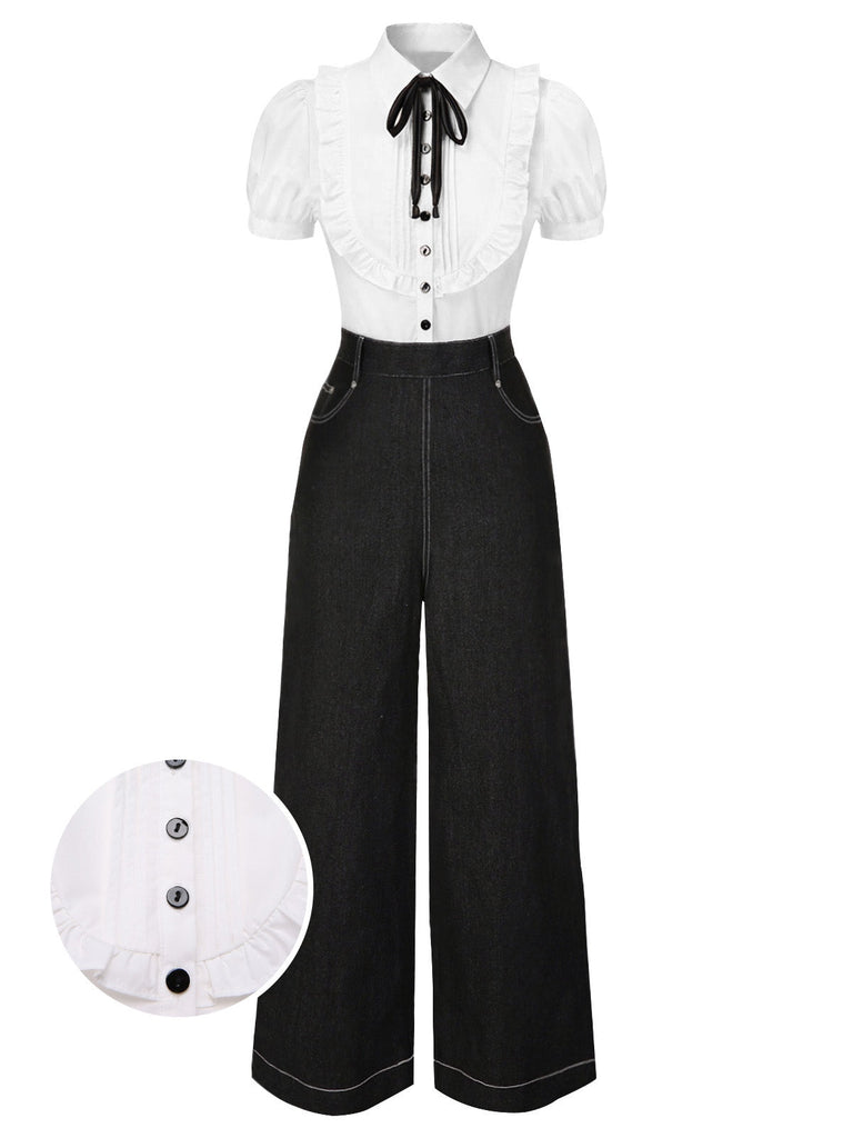 [Vorverkauf] Schwarz 1930er Hemdkragen Kellerfalte Denim Jumpsuit