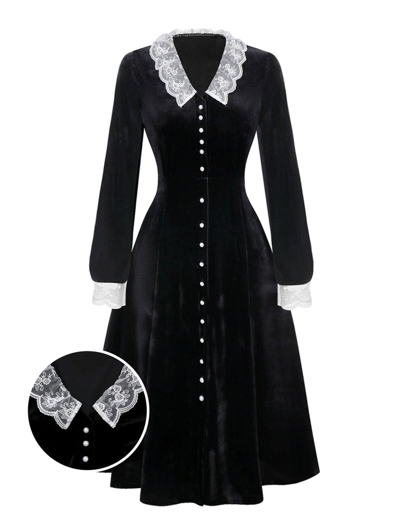 [Vorverkauf] Schwarz 1940er Spitze Revers V-Ausschnitt Samt Kleid