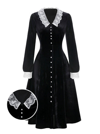 [Vorverkauf] Schwarz 1940er Spitze Revers V-Ausschnitt Samt Kleid
