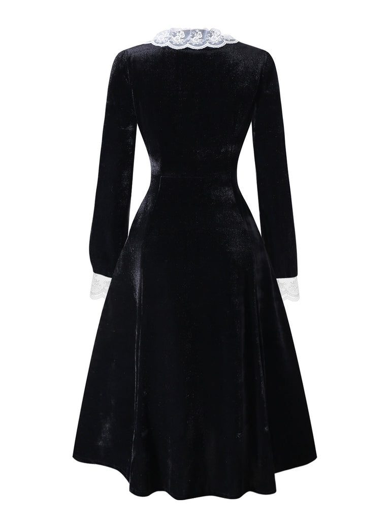 [Vorverkauf] Schwarz 1940er Spitze Revers V-Ausschnitt Samt Kleid