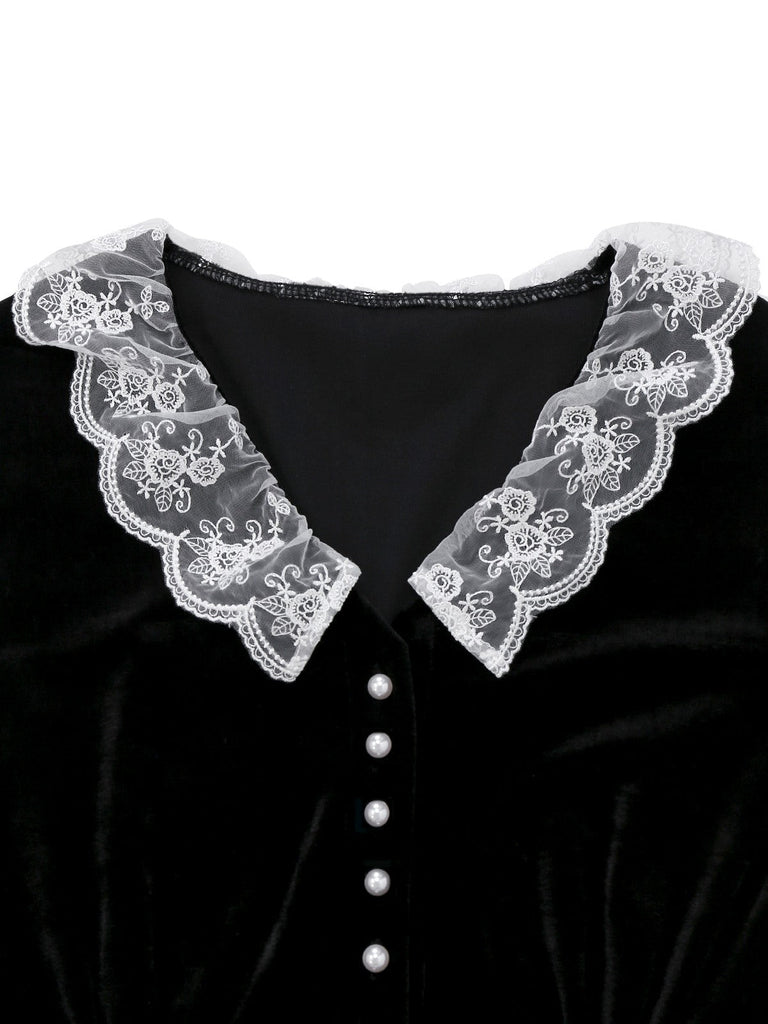 [Vorverkauf] Schwarz 1940er Spitze Revers V-Ausschnitt Samt Kleid