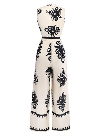 Beige 1970er Tief V-Ausschnitt Ethnisch Drucken Jumpsuit