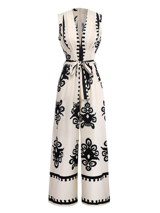 Beige 1970er Tief V-Ausschnitt Ethnisch Drucken Jumpsuit