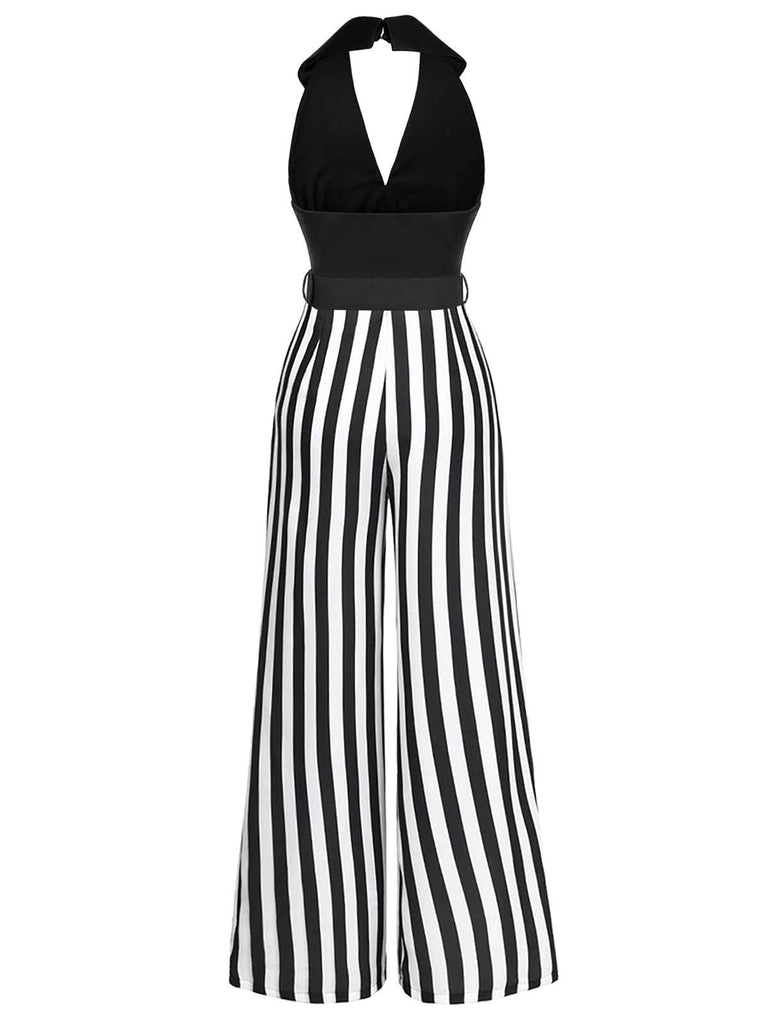 [Vorverkauf] Schwarz 1960er Streifen Revers Halter Weites Bein Jumpsuit