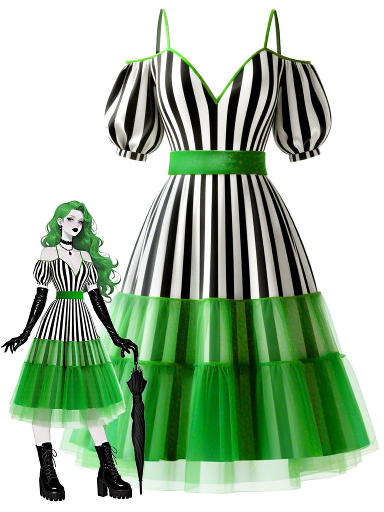 [Vorverkauf] Neongrün 1950er Streifen Netz Träger Kleid