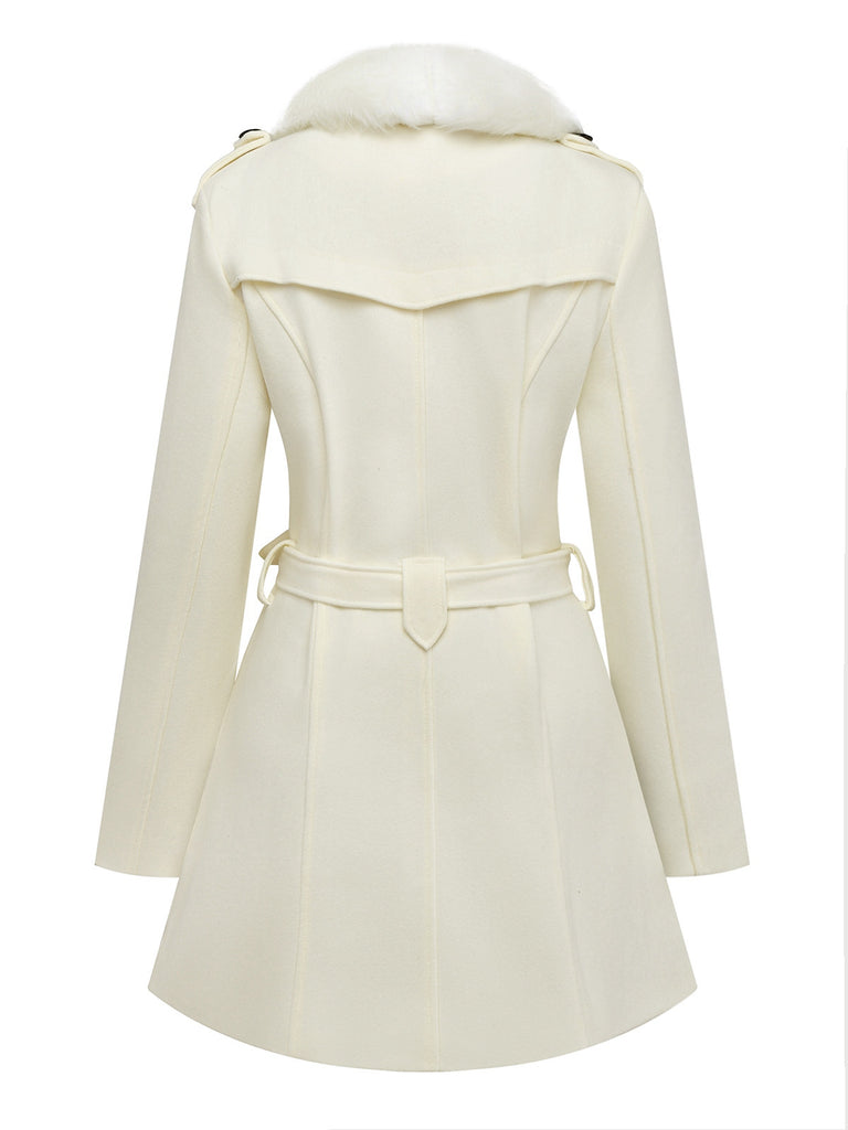 Schwarz 1940er Abnehmbar Kunstpelz Kragen Schaltflächen Mantel