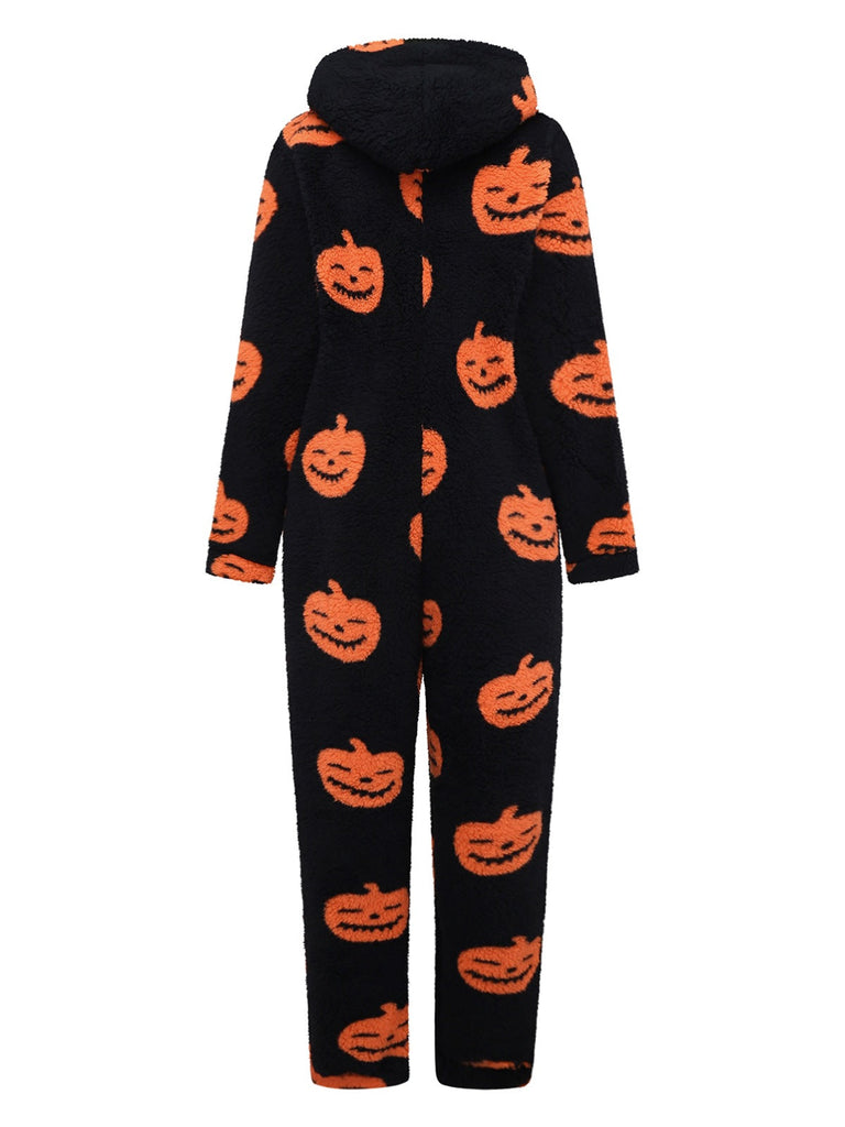 Orange 1930er Halloween Kürbis Reißverschluss Jumpsuit Mit Kapuze
