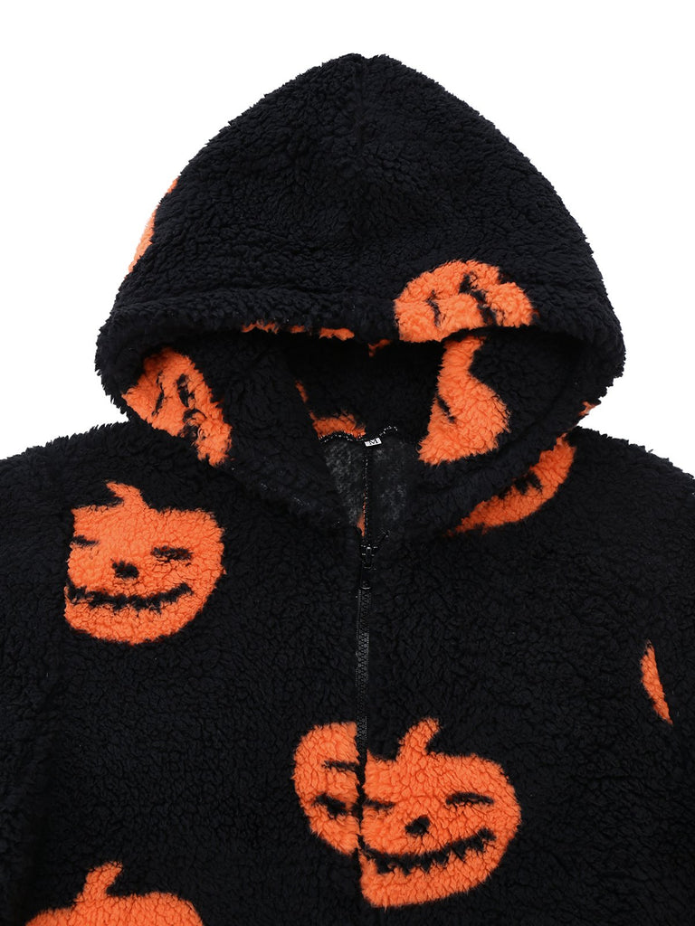 Orange 1930er Halloween Kürbis Reißverschluss Jumpsuit Mit Kapuze