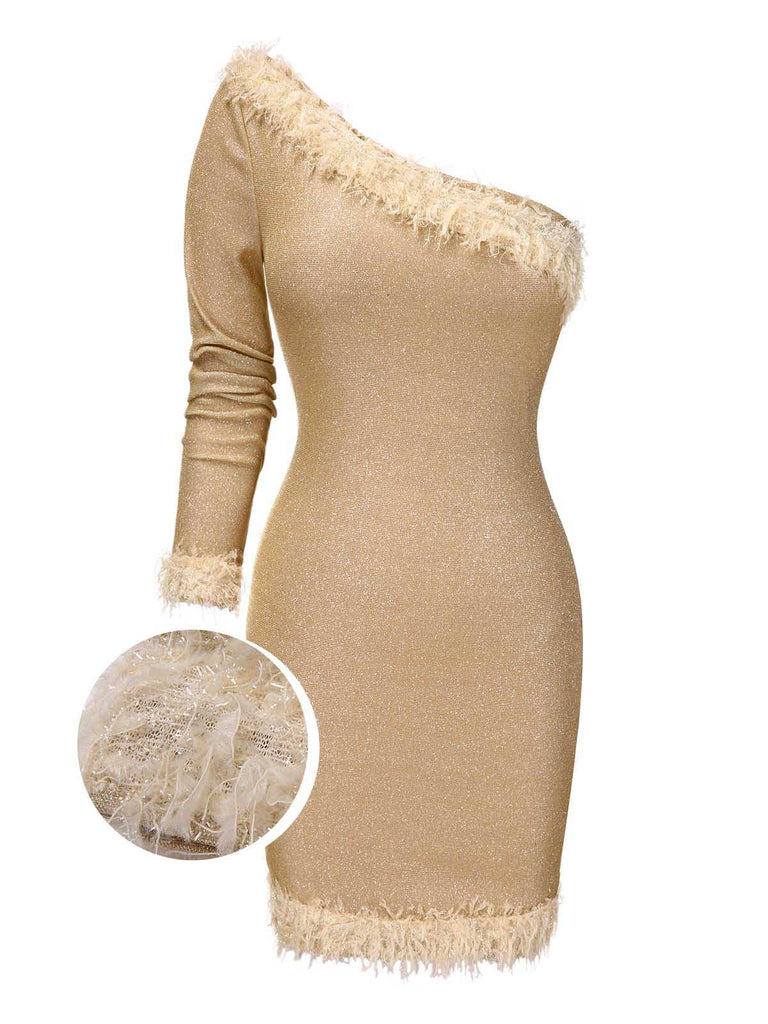 [Vorverkauf] Gold 1960er Eine Schulter Funkeln Pelzkragen Enges Kleid