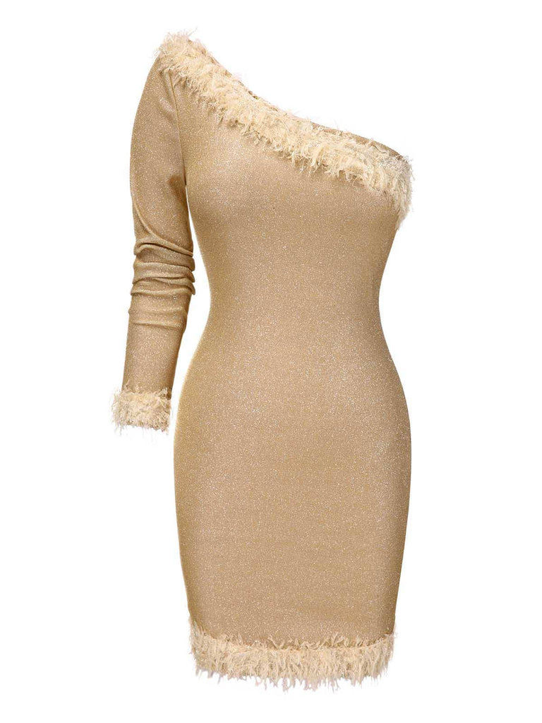 [Vorverkauf] Gold 1960er Eine Schulter Funkeln Pelzkragen Enges Kleid