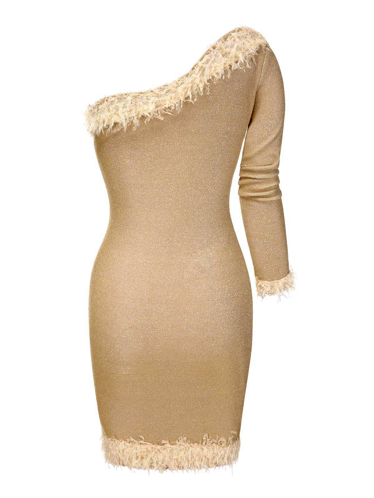 [Vorverkauf] Gold 1960er Eine Schulter Funkeln Pelzkragen Enges Kleid